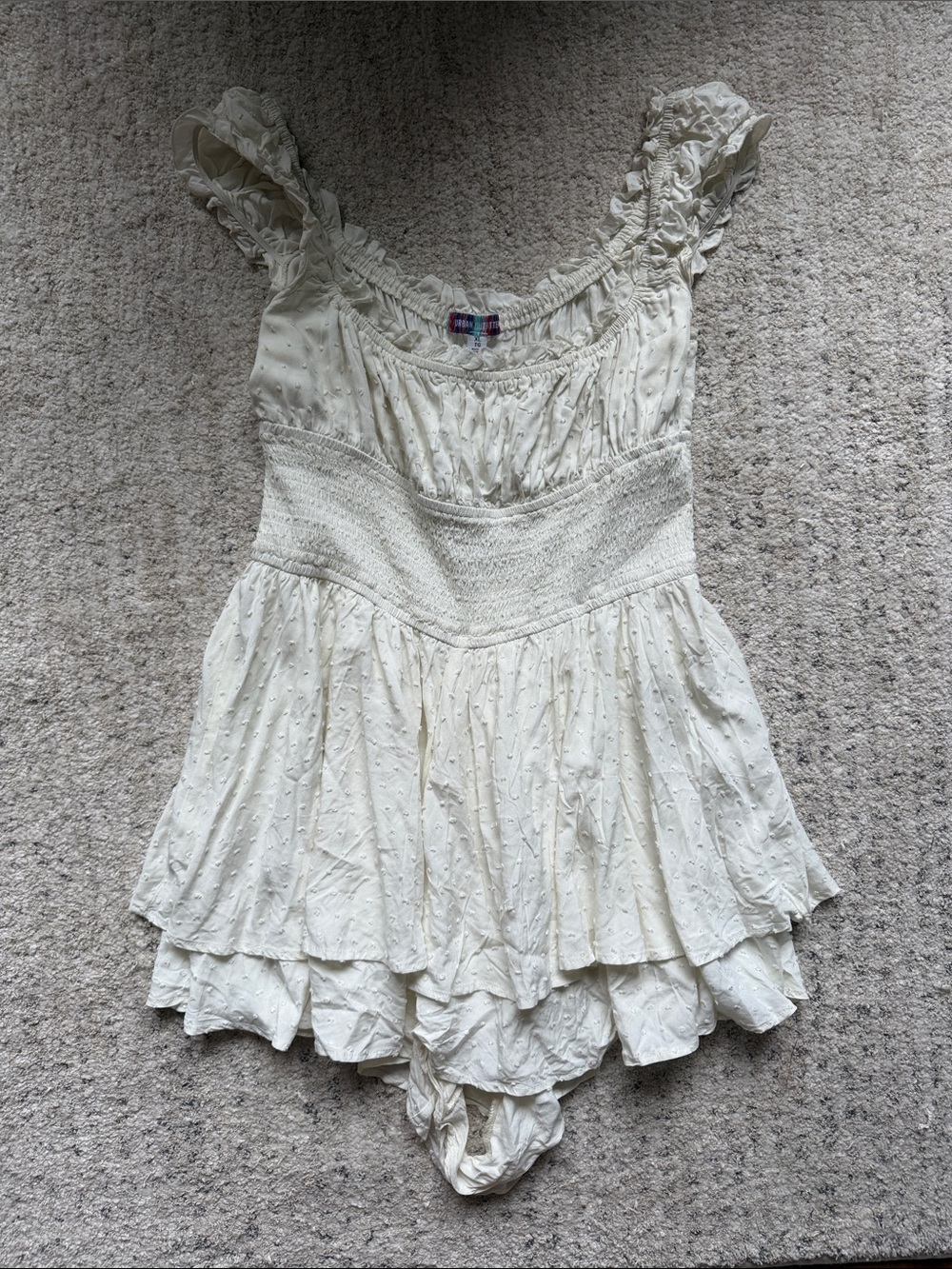 UO Women’s Cream Ruffled Smocked Waist Romper Dress Skort